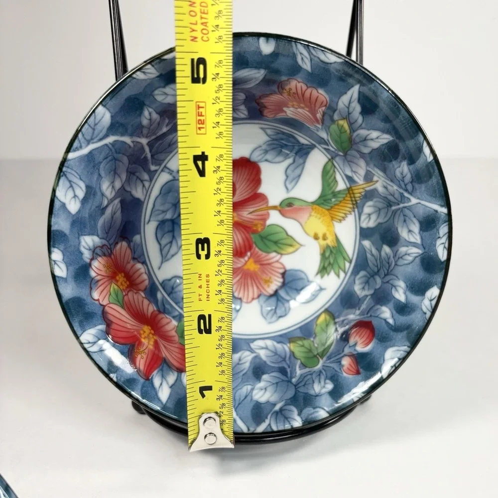 Chinese Contemporary Colorful Rice Bowl Hibiscus Hummingbird Fruit blue set Of2